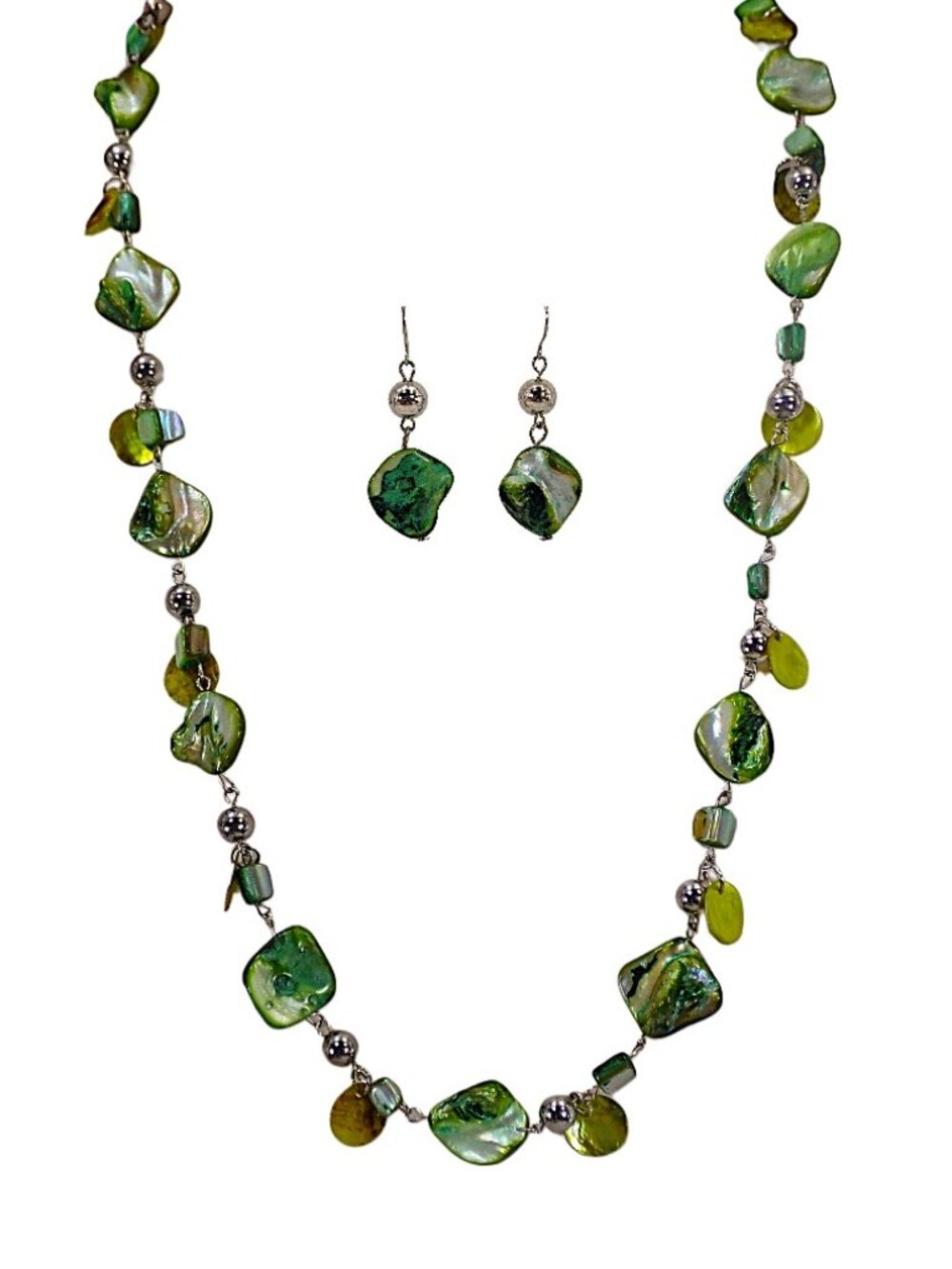 Green shell bead necklace and earring set with silver beads, disk beads New